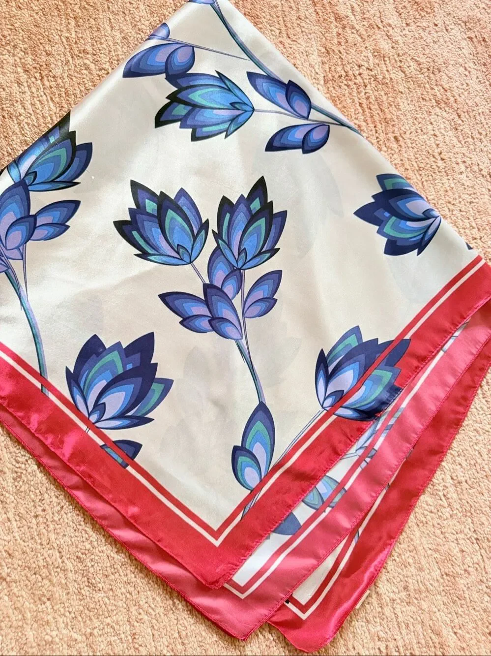 Large Square Floral Scarf Red Blue Ivory 35”
